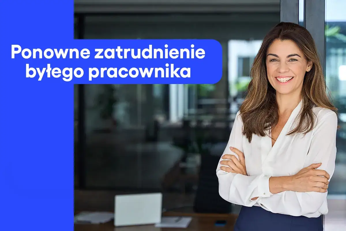 Uśmiechnięta kobieta w białej koszuli. Tekst na niebieskim tle: