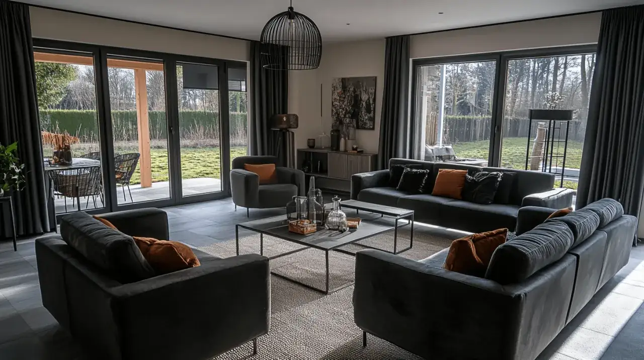 Modernes Wohnzimmer mit dunklen Sofas und Kissen, die eine **schwarze Wand gestalten**. Große Fensterfronten bieten Blick ins Grüne.