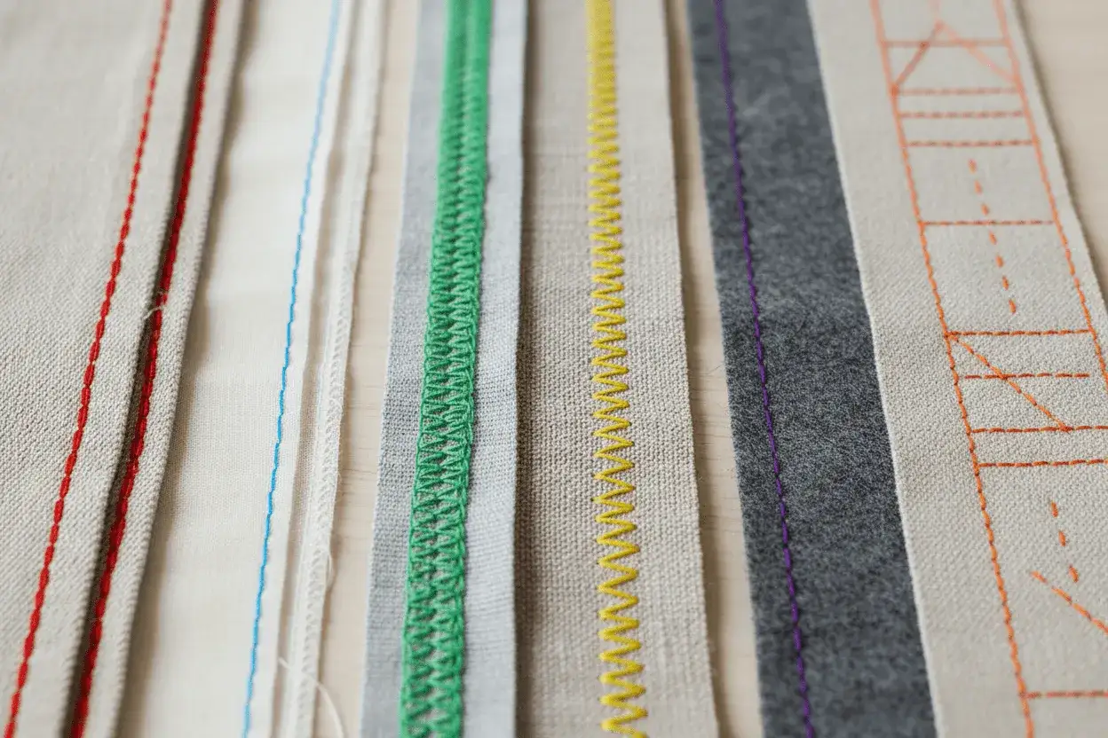 Divers échantillons de tissus montrant différents points de couture, un assemblage couture coloré et précis.