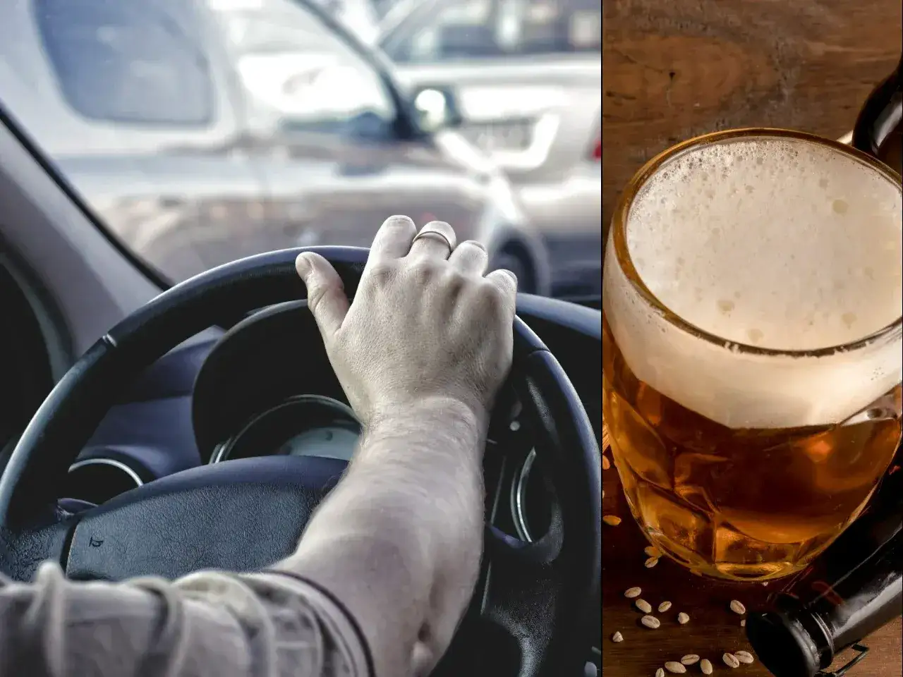 Ręka na kierownicy i kufel piwa. Zastanawiasz się, ile to piw, gdy masz 0,2 promila? Nie ryzykuj!