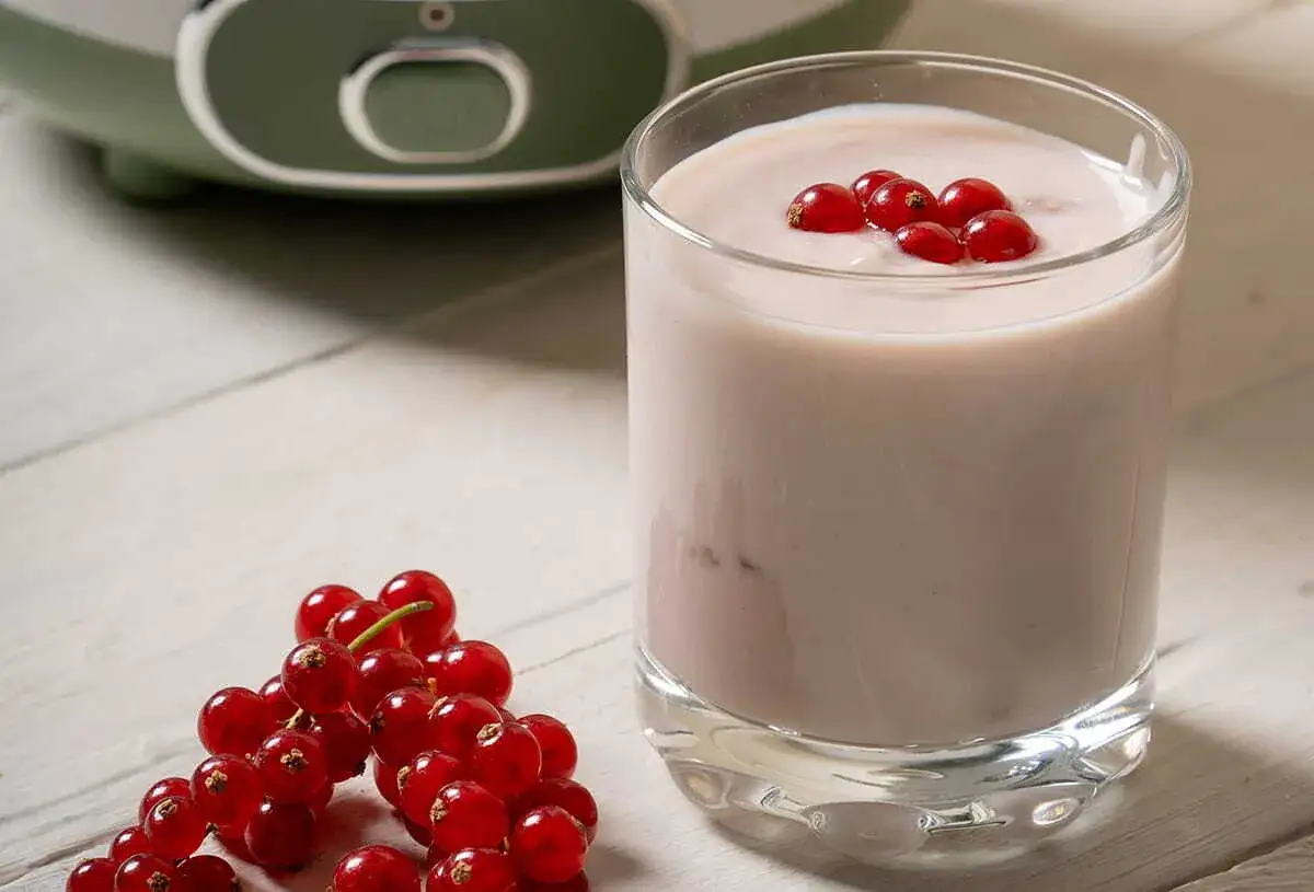 Un bicchiere di yogurt da bere fatto in casa, guarnito con ribes rossi freschi, accanto a un grappolo di bacche.