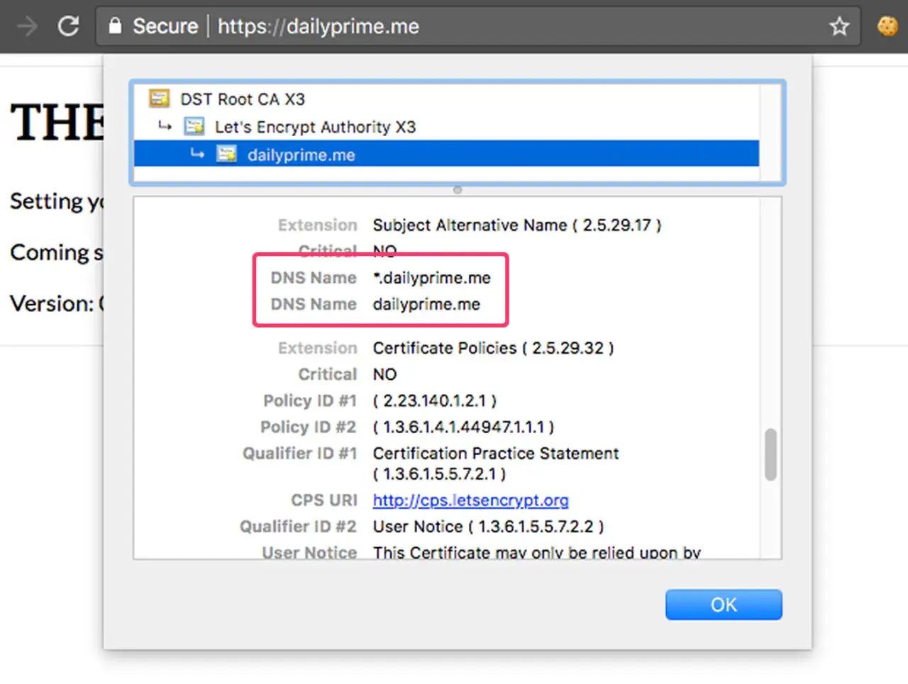 Certbot-generiertes Wildcard-Zertifikat für *.dailyprime.me und dailyprime.me, ausgestellt von Let's Encrypt.