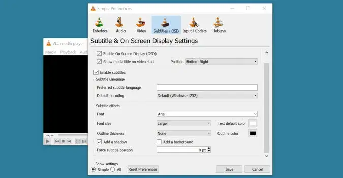 VLC media player interface with subtitles option highlighted