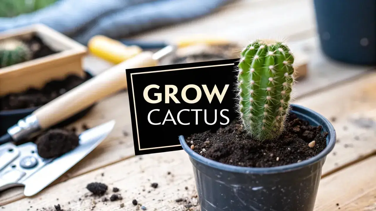 Une bouture de cactus verte et épineuse dans un pot noir, entourée d'outils de jardinage. Prêt à faire pousser votre propre cactus !