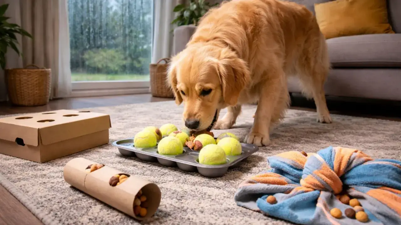 Golden retriever olfateando golosinas escondidas en pelotas de tenis en un molde para muffins. Un juguete dispensador de comida y una caja con agujeros completan este tranquilizante para perros casero.