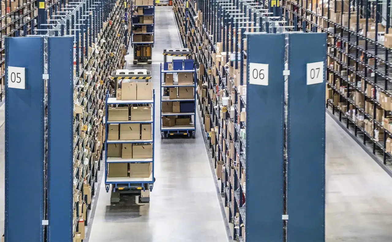 W magazynie widać rząd regałów z paczkami. Na pierwszym planie robot mobilny przewozi kartony.