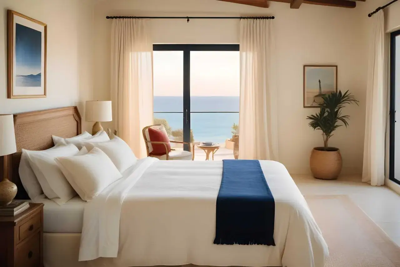 Acogedores dormitorios estilo mediterr&aacute;neo con vistas al mar. Cama blanca con manta azul, sill&oacute;n de mimbre y plantas.