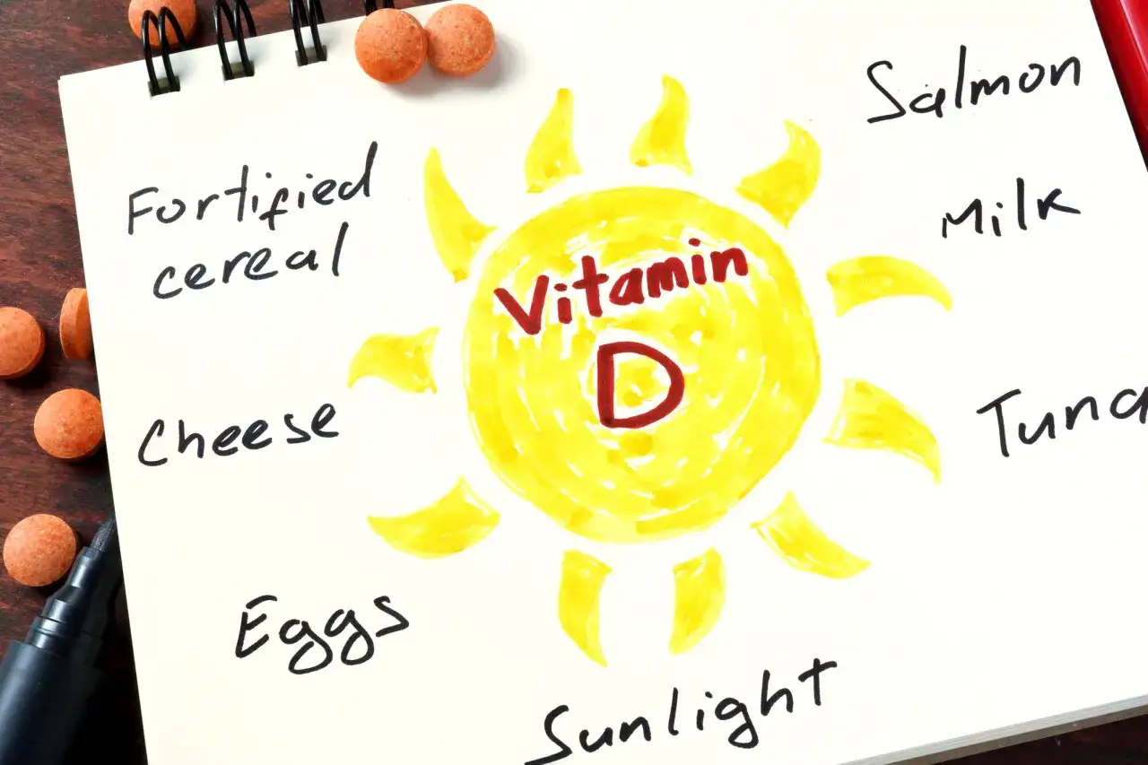 Solens strålar sprider sol vitamin D. En teckning visar solen med texten