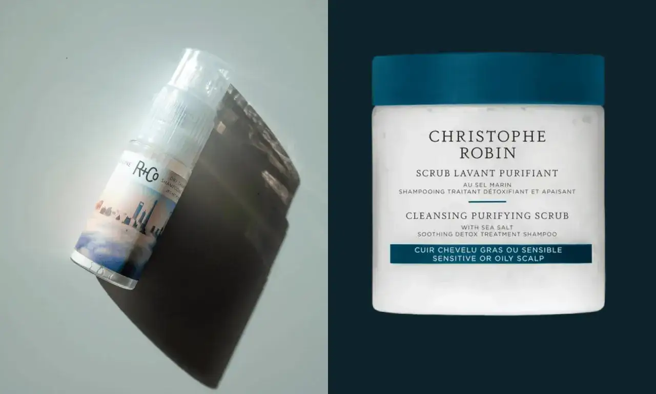 Kosmetyki do włosów: suchy szampon R+Co i peeling Christophe Robin. Pomogą zwalczyć pocenie się głowy i odświeżą skórę.