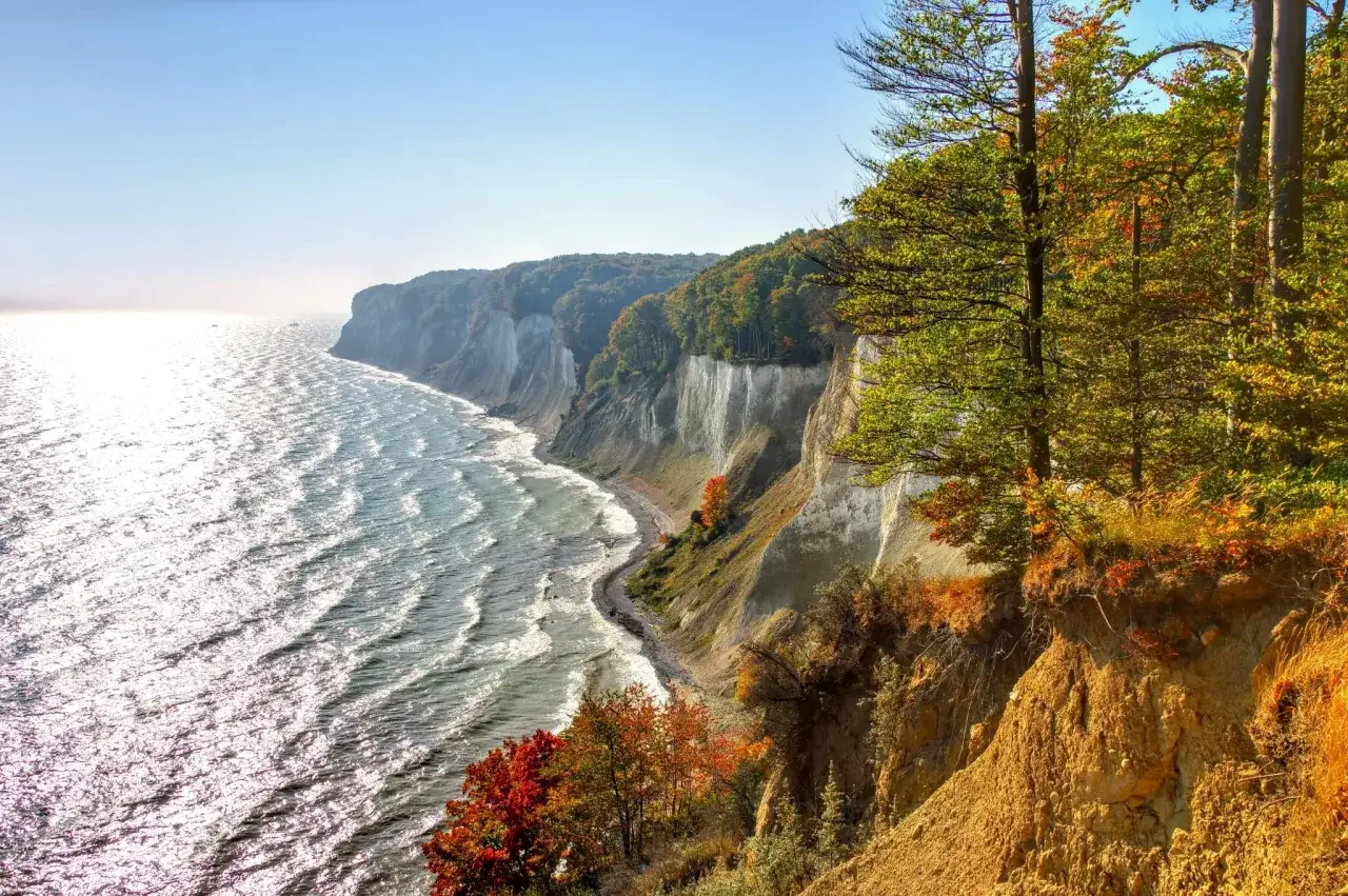 Sonnenbeschienene Kreidefelsen mit Herbstlaub, die Küste der Ostsee, ein Ort der Ruhe.