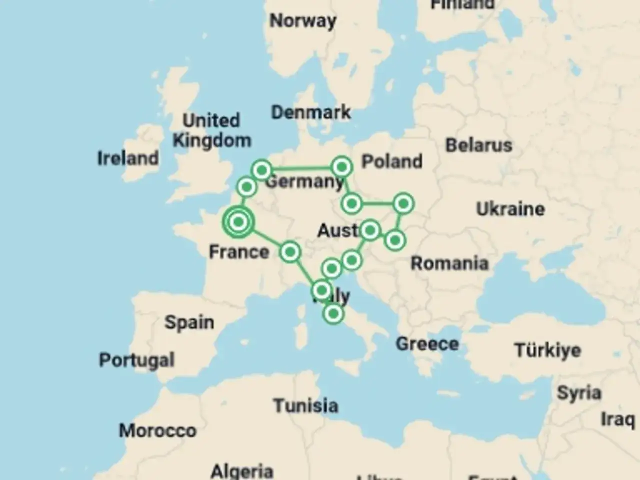 Trasa wycieczki 4 stolice przez Europę: Francja, Niemcy, Austria, Włochy i dalej na wschód.