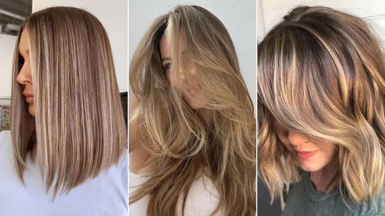 Trzy kobiety prezentują r&oacute;żne fryzury z subtelnymi blond highlights, dodającymi objętości i blasku.