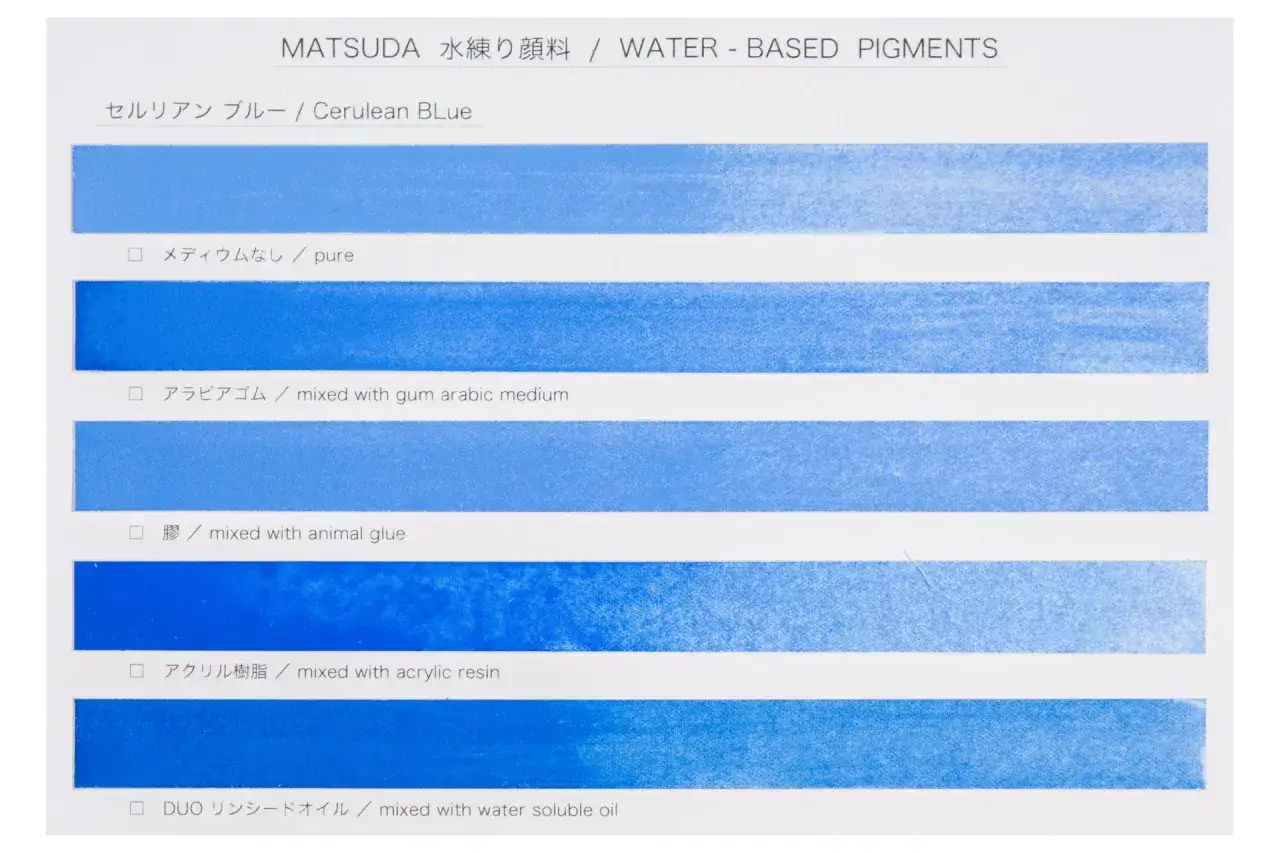 Échantillons de pigments bleus Matsudamixés avec différents médiums. Aide à choisir quelle peinture acrylique choisir pour vos créations.