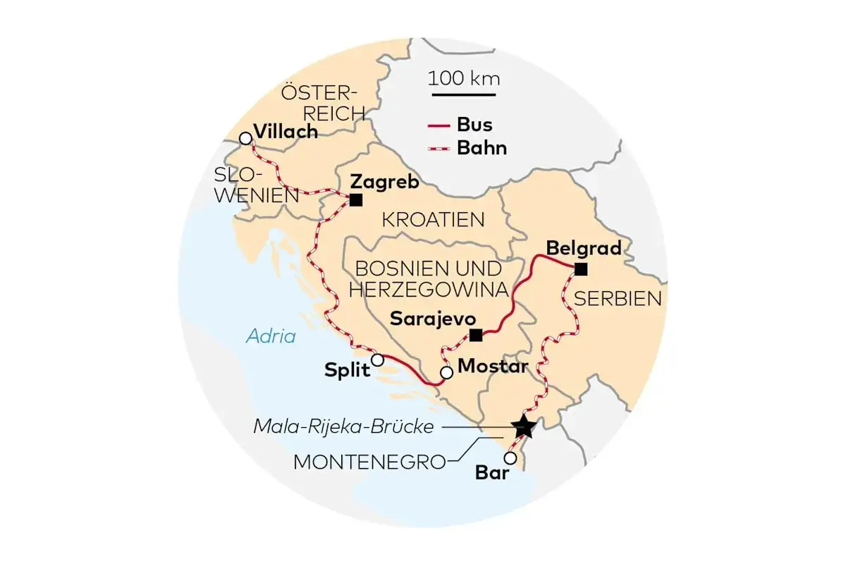 Karte zeigt Zugverbindungen in Kroatien und Nachbarländern. Von Villach über Zagreb, Split, Mostar nach Bar.