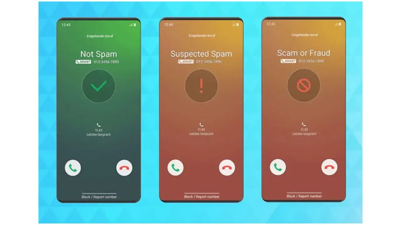 Drei Smartphone-Bildschirme zeigen Anruf-Screening-Ergebnisse:
