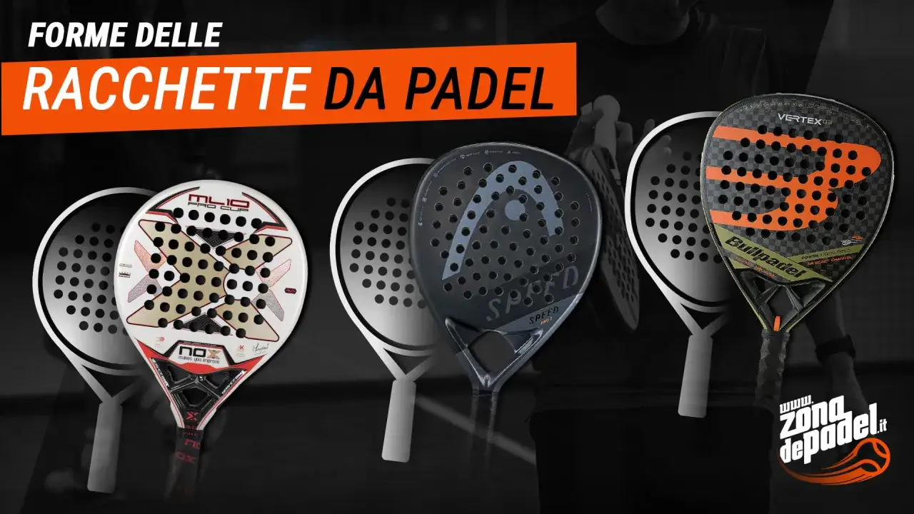 Diverse racchette da padel in primo piano, con focus sul bilanciamento e le forme per ogni stile di gioco.