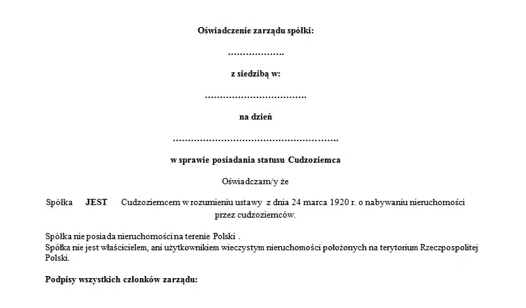 wzór oświadczenia o statusie cudzoziemca spółki pdf