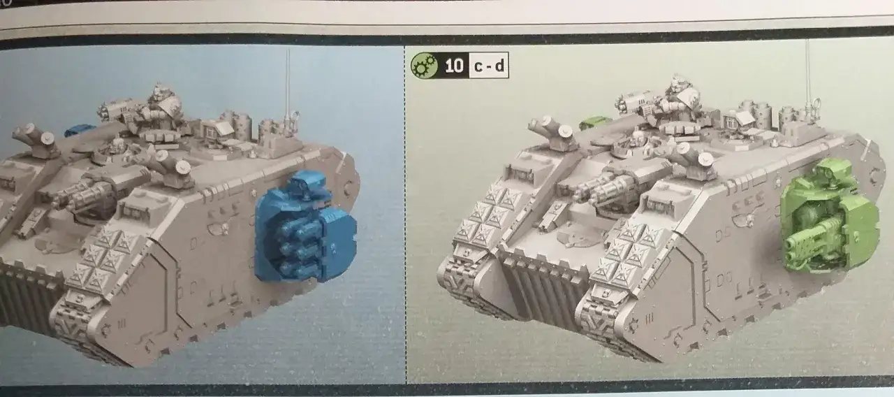 Dwa modele Land Raider Redeemer w różnych wersjach uzbrojenia: jeden z niebieskim miotaczem, drugi z zielonym.