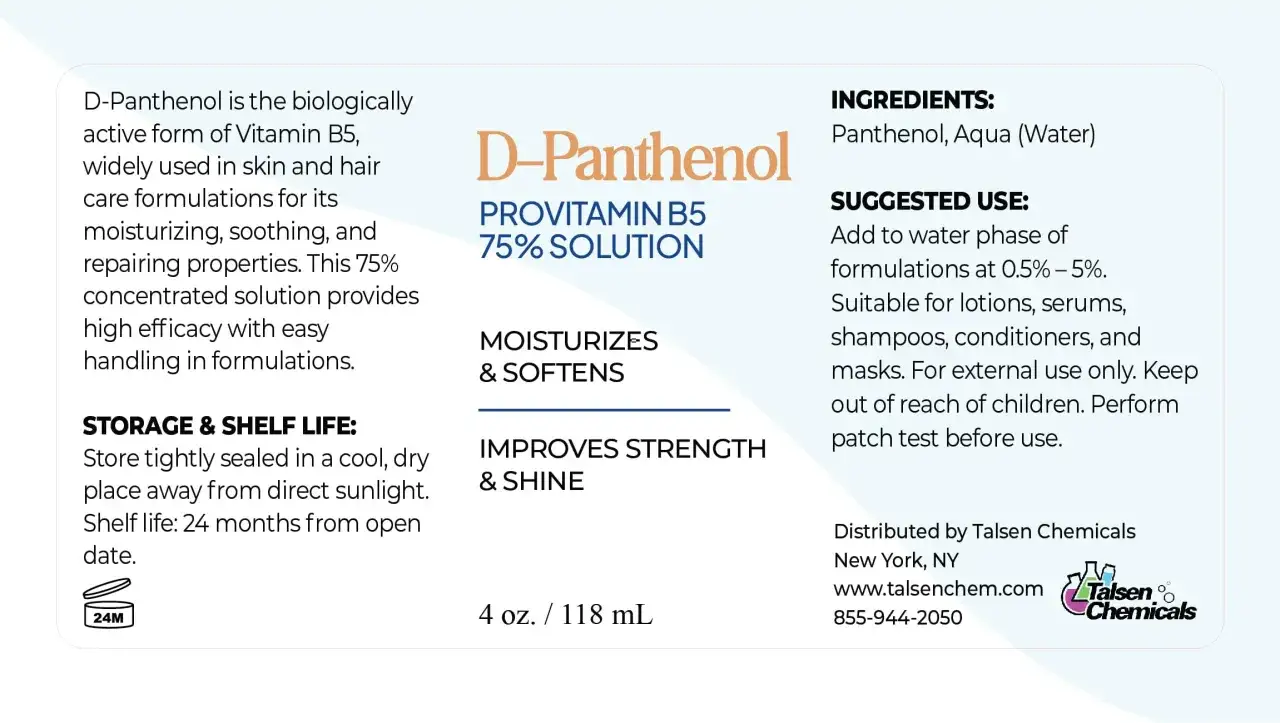 Solución concentrada de D-Pantenol (vitamina B5) al 75% para hidratar, suavizar y fortalecer piel y cabello.