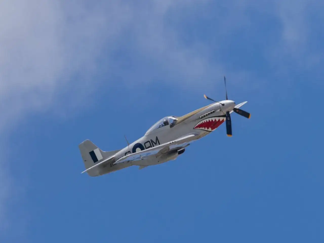 Ein **Mustang Flugzeug** mit Haifischmaul-Bemalung fliegt im blauen Himmel.
