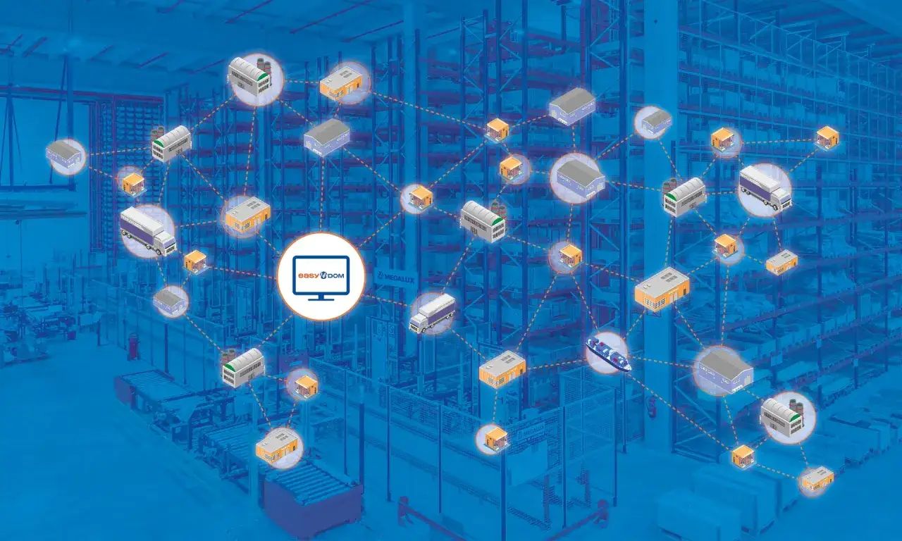 Un r&eacute;seau de b&acirc;timents, camions et navires connect&eacute;s par des lignes orange, symbolisant un outil de suivi du traitement des commandes.