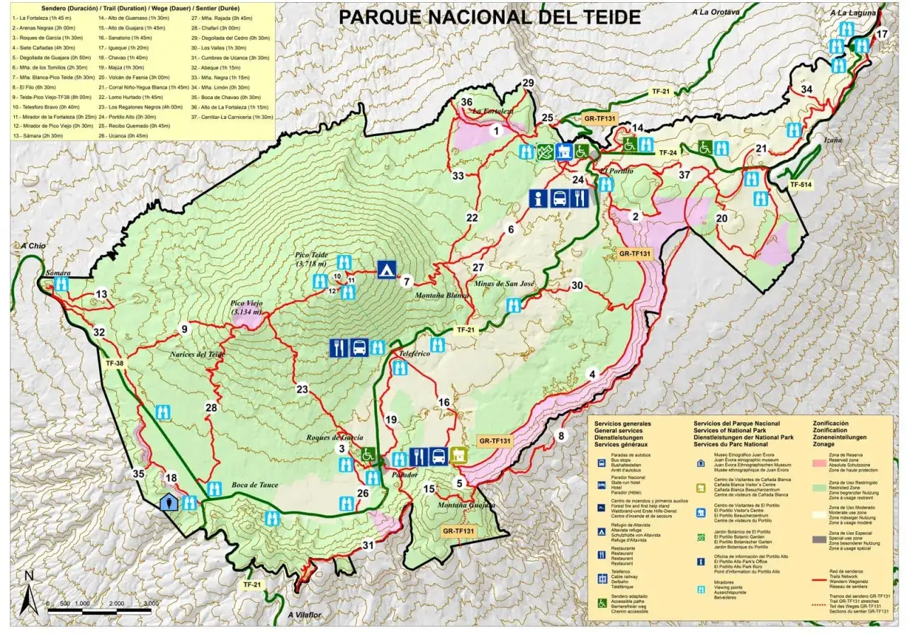 Karte des Nationalparks Teide mit Wanderwegen. Eine Teide Wanderung ist hier gut geplant.