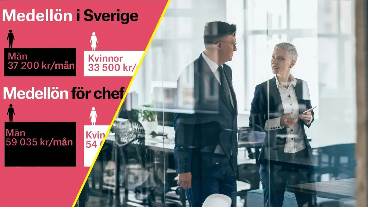 Två affärspersoner diskuterar siffror om löner i Sverige, där kvinnligt ledarskap och jämställda löner är centrala teman.
