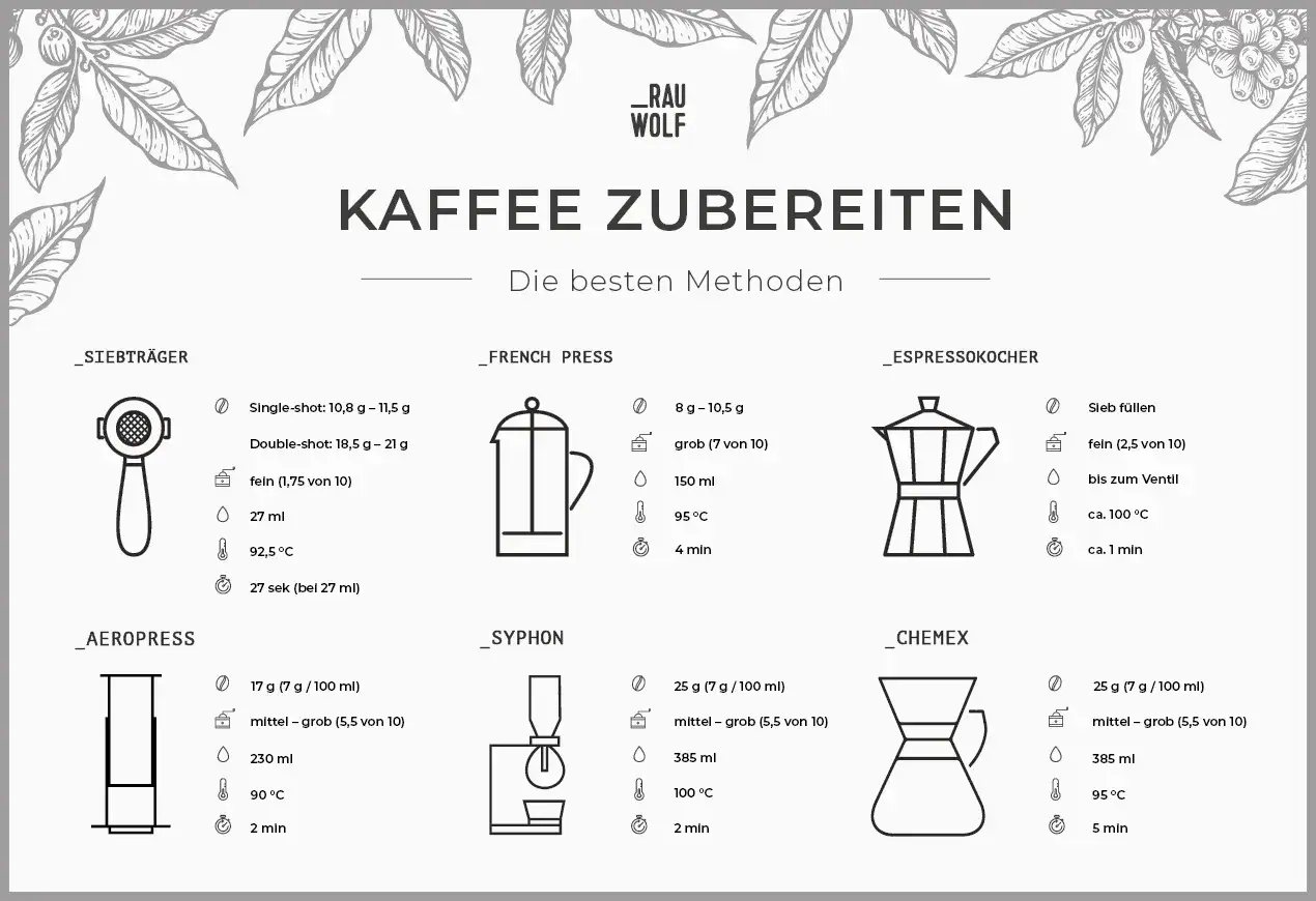 Infografik zeigt, wie man Kaffee zubereiten kann: Siebträger, French Press, Espressokocher, Aeropress, Syphon und Chemex.