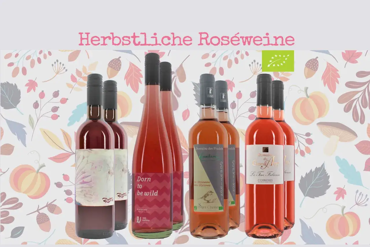 Herbstliche Ros&eacute;weine im bunten Herbstlaub. Verschiedene Flaschen mit roten und rosafarbenen Weinen, darunter auch Bio-zertifizierte.