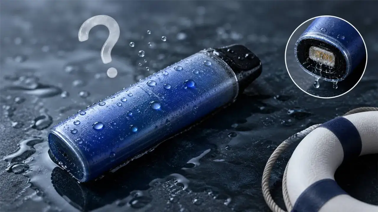 ¿Se puede rellenar un vaper con agua? El dispositivo azul, cubierto de gotas, y el detalle del puerto de carga mojado plantean la duda.