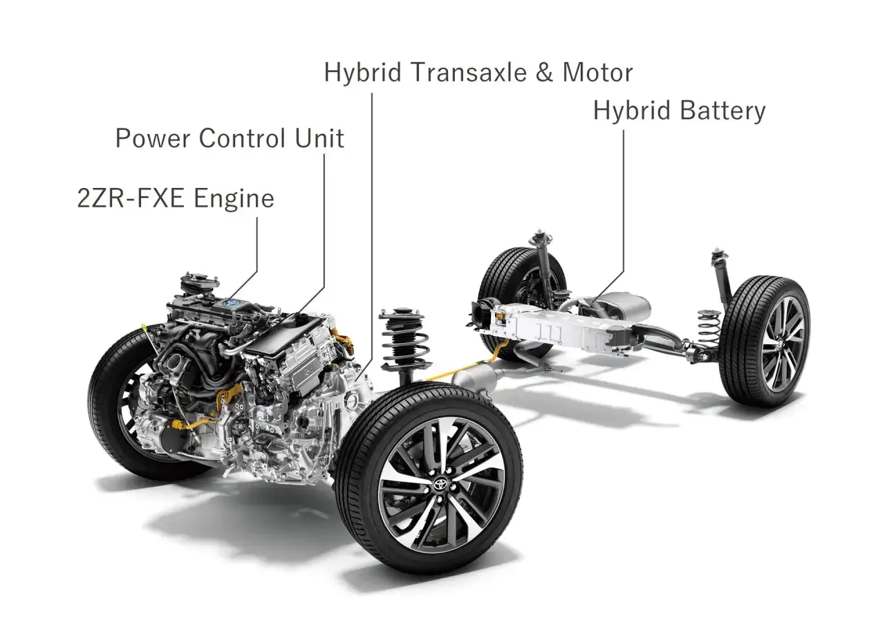 Układ napędowy Toyota RAV4 Hybrid: silnik 2ZR-FXE, jednostka sterująca, przekładnia hybrydowa z silnikiem i akumulator hybrydowy.