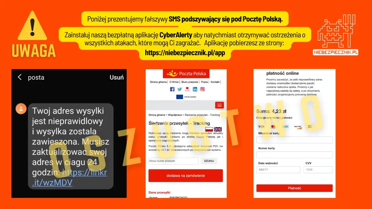 Ostrzeżenie przed fałszywym SMS-em od Poczty Polskiej. Tw&oacute;j adres wysyłki jest nieprawidłowy i przesyłka została zawieszona. Musisz zaktualizować adres, bo adresat nie mieszka pod wskazanym adresem.