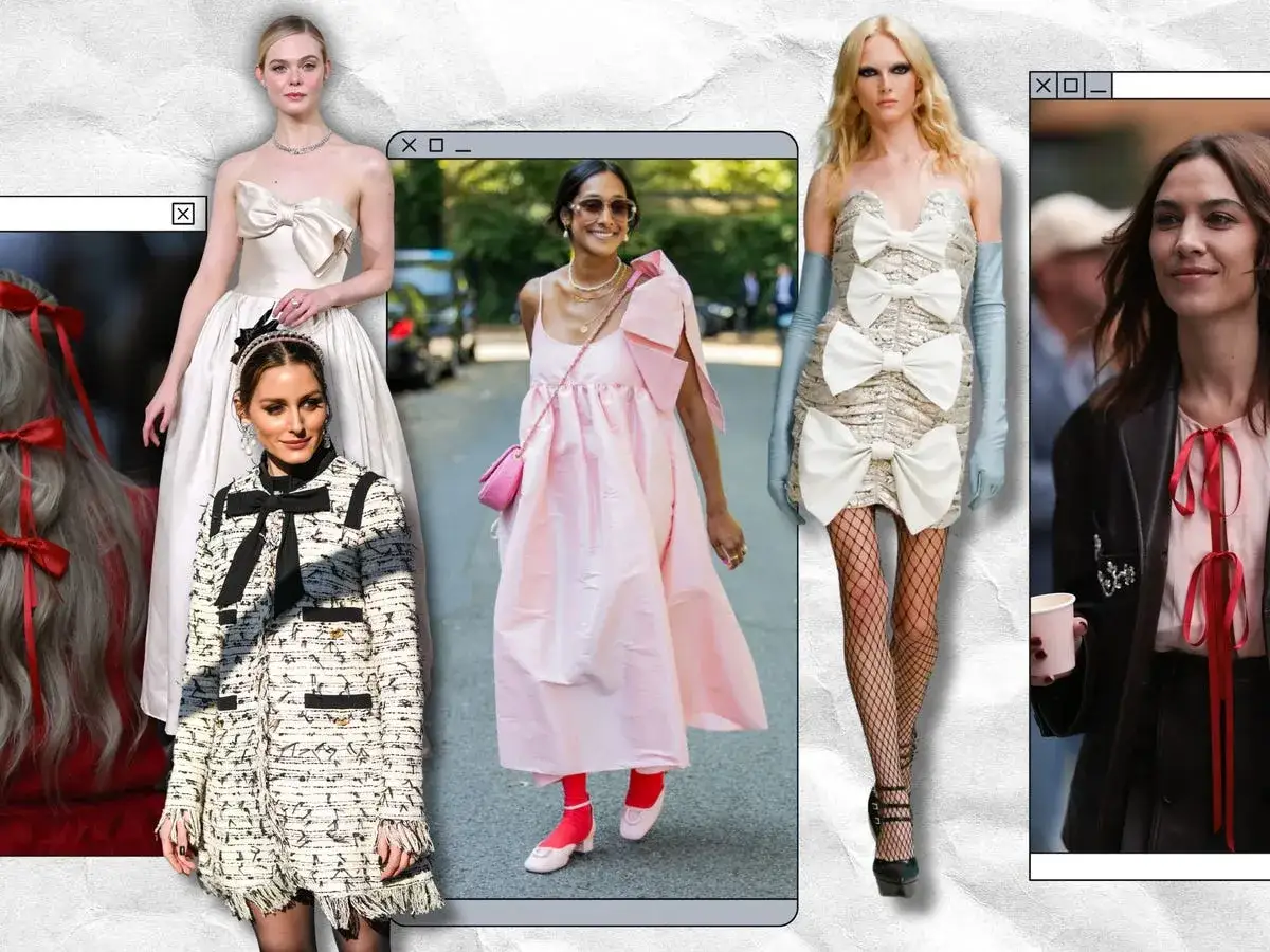 Estilo moda coquette: mujeres con vestidos y trajes adornados con lazos, cintas y detalles femeninos, evocando una estética dulce y romántica.
