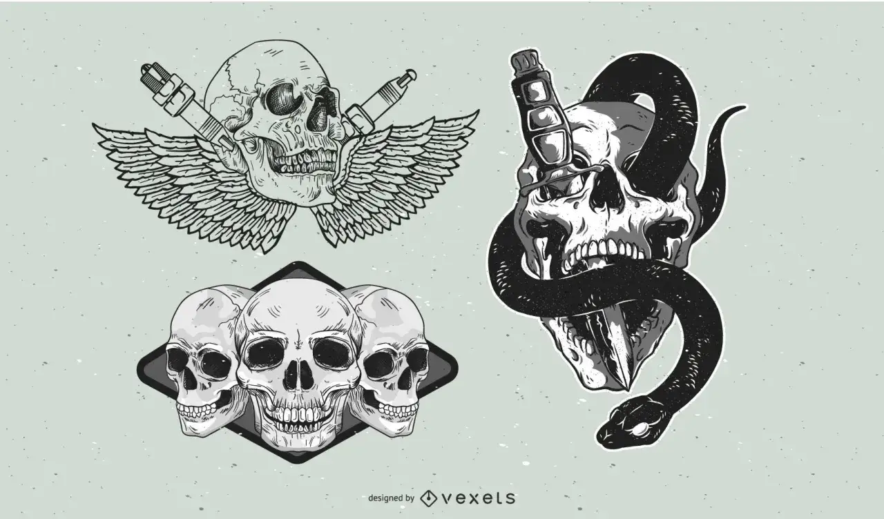 Three distinct skull designs: one with wings and spark plugs, another with a snake coiled around it, and a trio of skulls in a diamond shape.