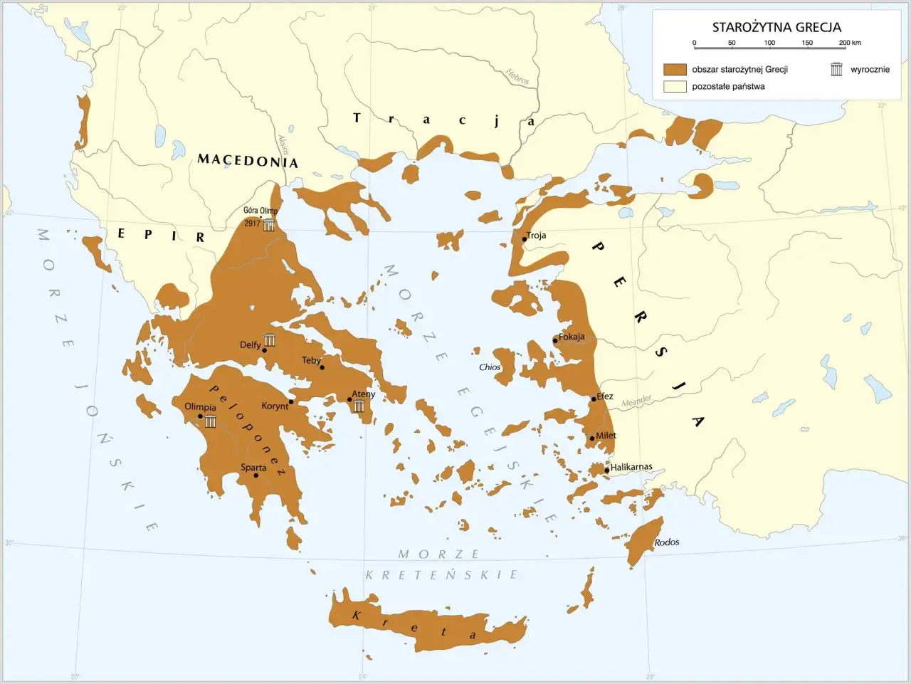 Mapa starożytnej Grecji z zaznaczonym obszarem, gdzie mogły rozgrywać się wydarzenia z Iliady i Odysei, obejmująca Troję, Ateny i Peloponez.