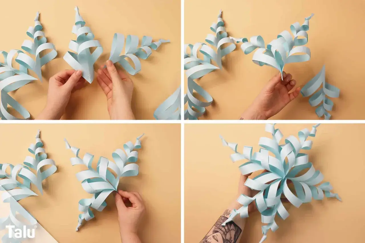 Schritt-f&uuml;r-Schritt-Anleitung zum Schneeflocken basteln mit Papier. H&auml;nde formen und kleben die Papierstreifen zu einer sch&ouml;nen Schneeflocke.
