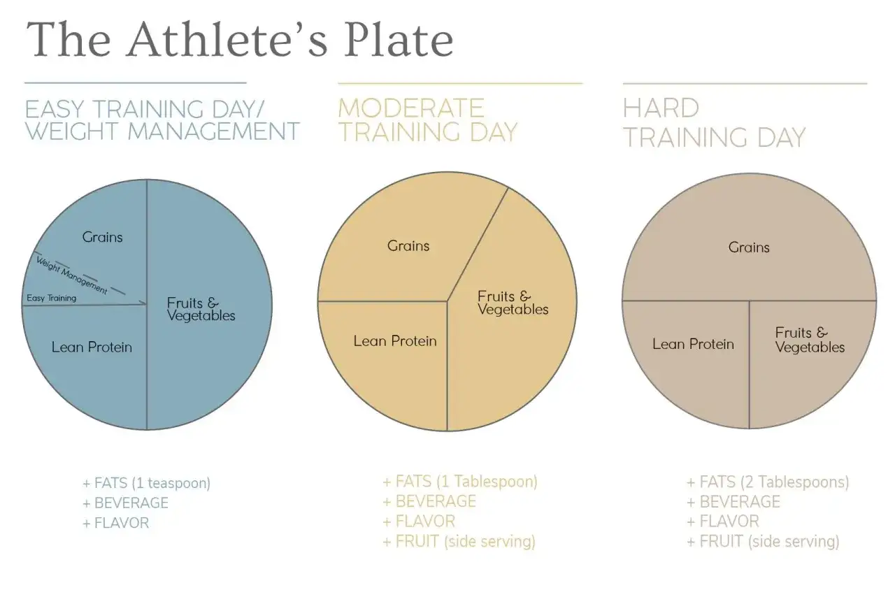 Guide pour savoir que manger quand on fait du sport pour maigrir : assiettes adaptées à l'entraînement, avec proportions de grains, protéines maigres, fruits et légumes.