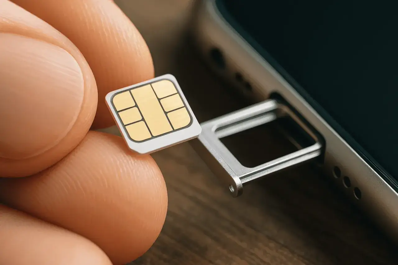 Fingrar h&aring;ller ett SIM-kort redo att s&auml;ttas in i en iPhone 6. Enkel hantering f&ouml;r att l&aring;sa upp SIM iPhone 6.