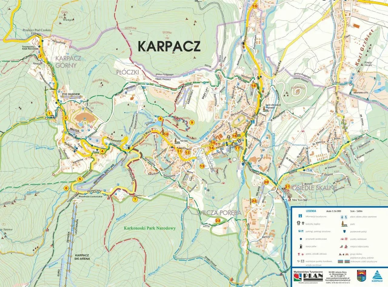 Mapa Karpacza z zaznaczonym centrum i szlakami
