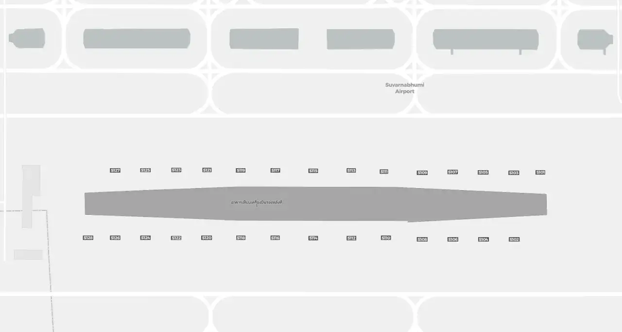 Plan lotniska w Bangkoku, Suvarnabhumi Airport, z zaznaczonym budynkiem i numerowanymi bramkami.