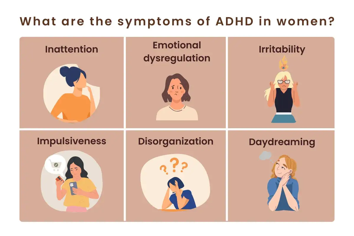 Sintomi ADHD adulti donne: disattenzione, disregolazione emotiva, irritabilit&agrave;, impulsivit&agrave;, disorganizzazione, sognare ad occhi aperti.