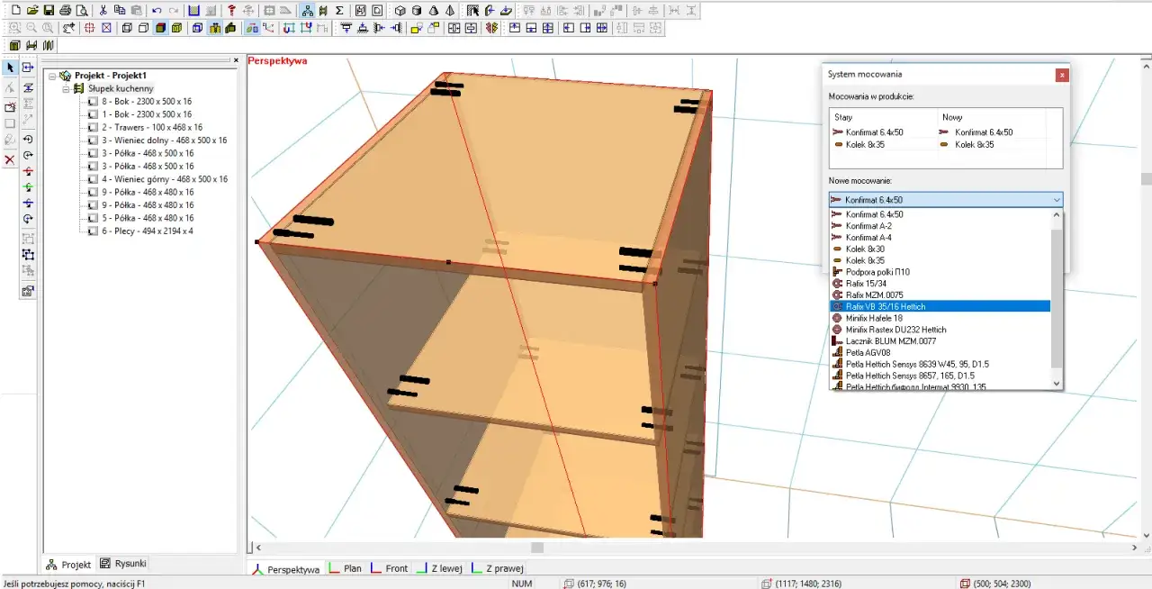 Programy do projektowania mebli: widok 3D szafki kuchennej, lista elementów i okno wyboru systemu mocowań.
