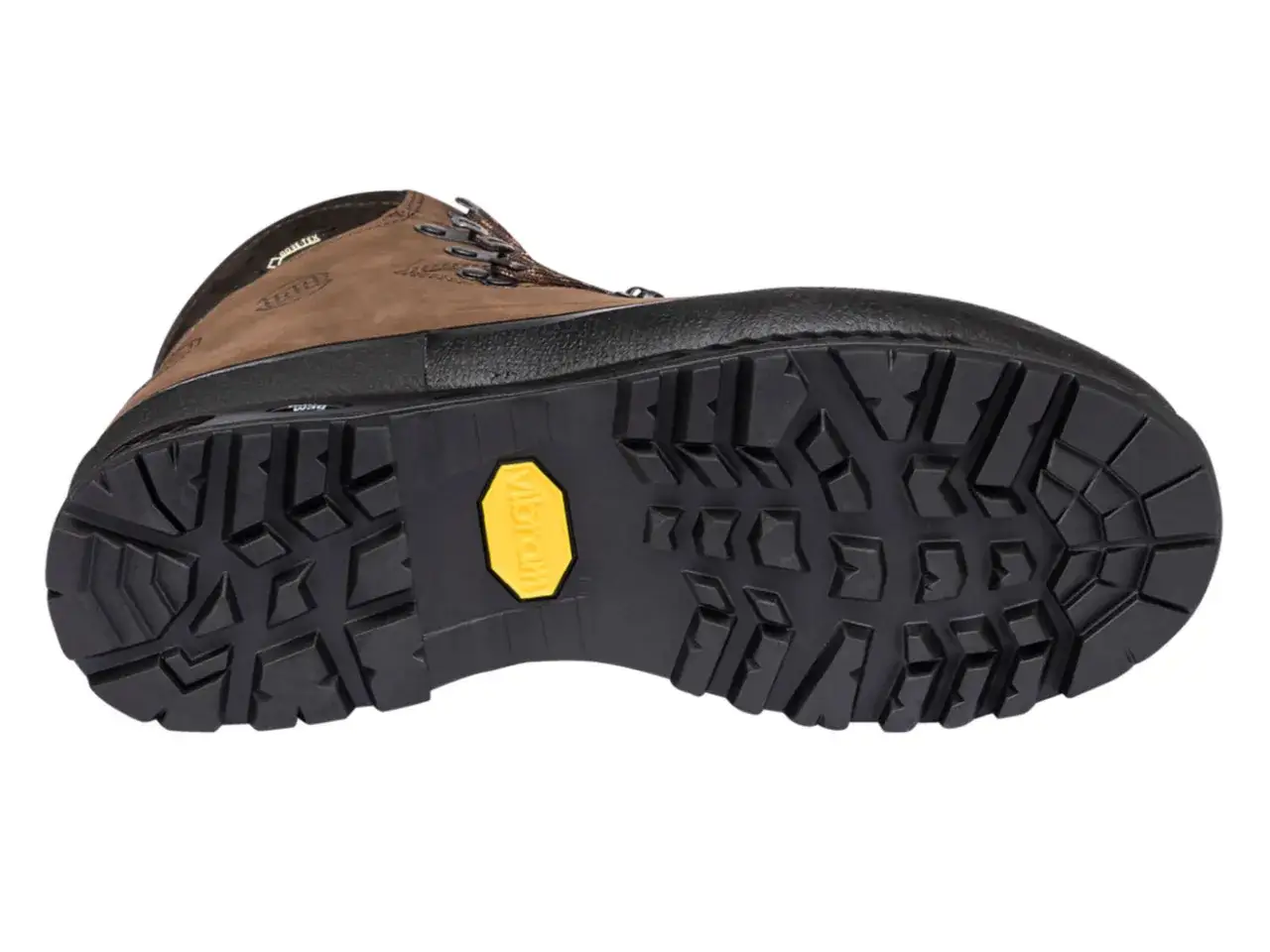 Brown hiking boot with a rugged, deep-treaded Vibram sole designed for maximum grip on hard and slippery surfaces.