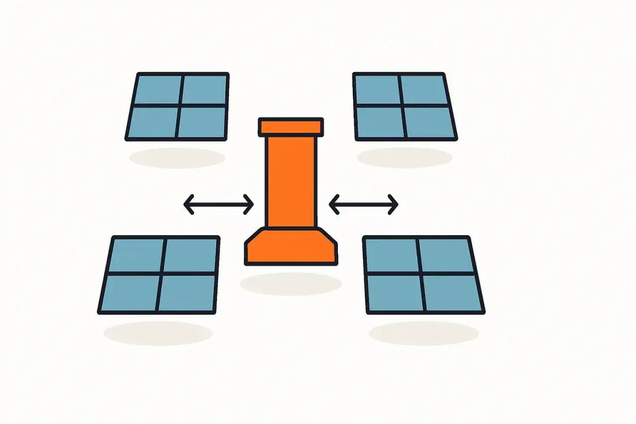 Illustration zeigt vier Solarmodule um einen orangefarbenen Schornstein. Pfeile deuten den nötigen Photovoltaik Abstand zum Schornstein an.