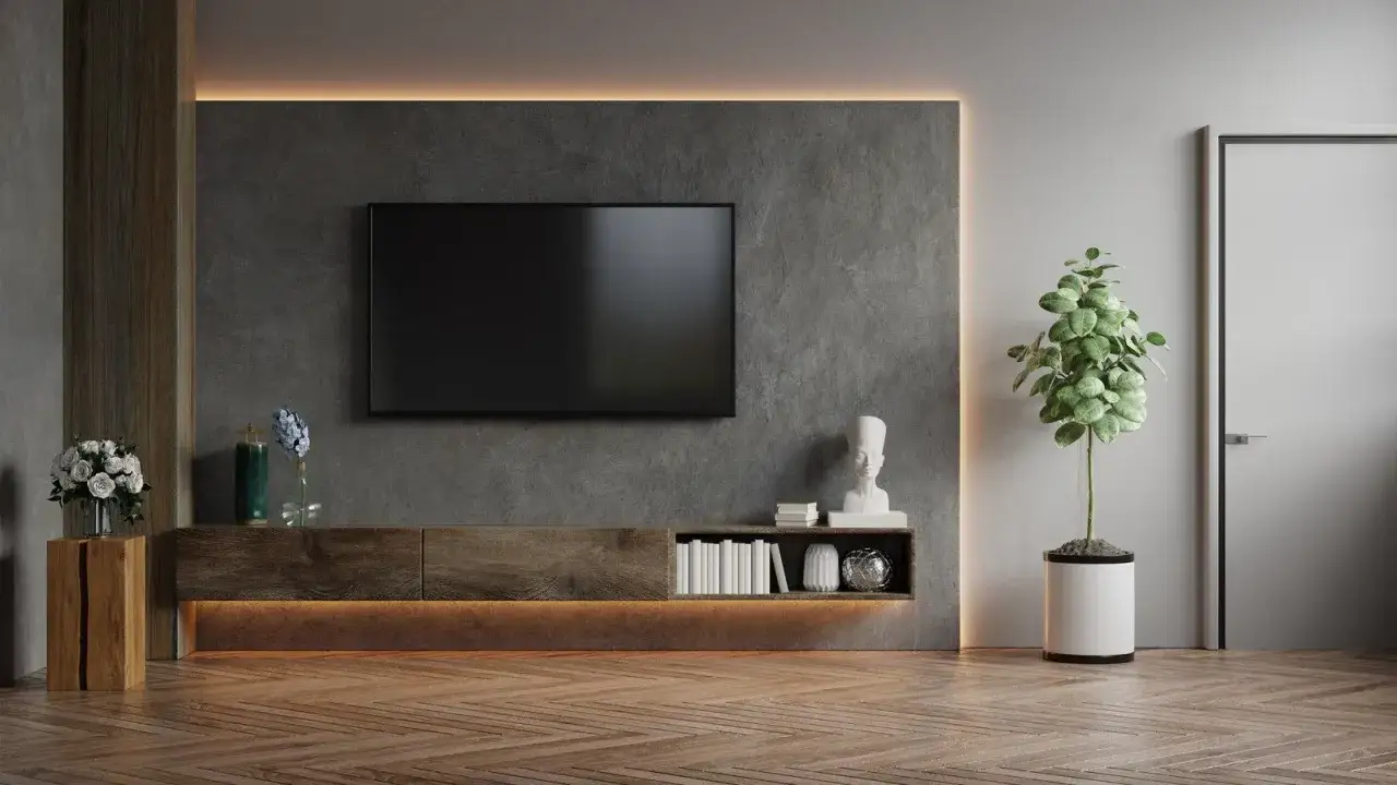 Nowoczesny salon z **betonem architektonicznym** na ścianie, drewnianą szafką RTV i dużą rośliną.