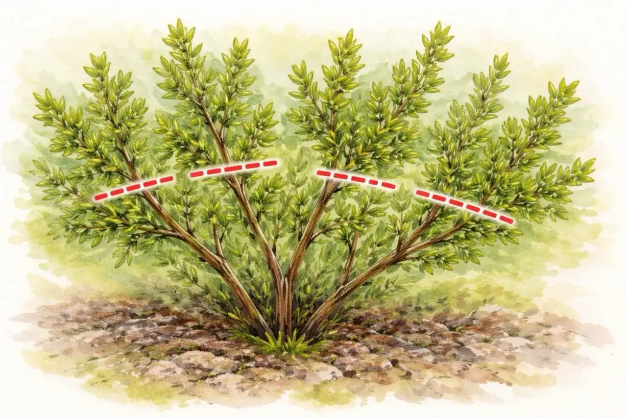 Illustration zeigt, wie man einen Strauch beschneidet. Rote gestrichelte Linien markieren die Schnittstellen beim Thymian schneiden.