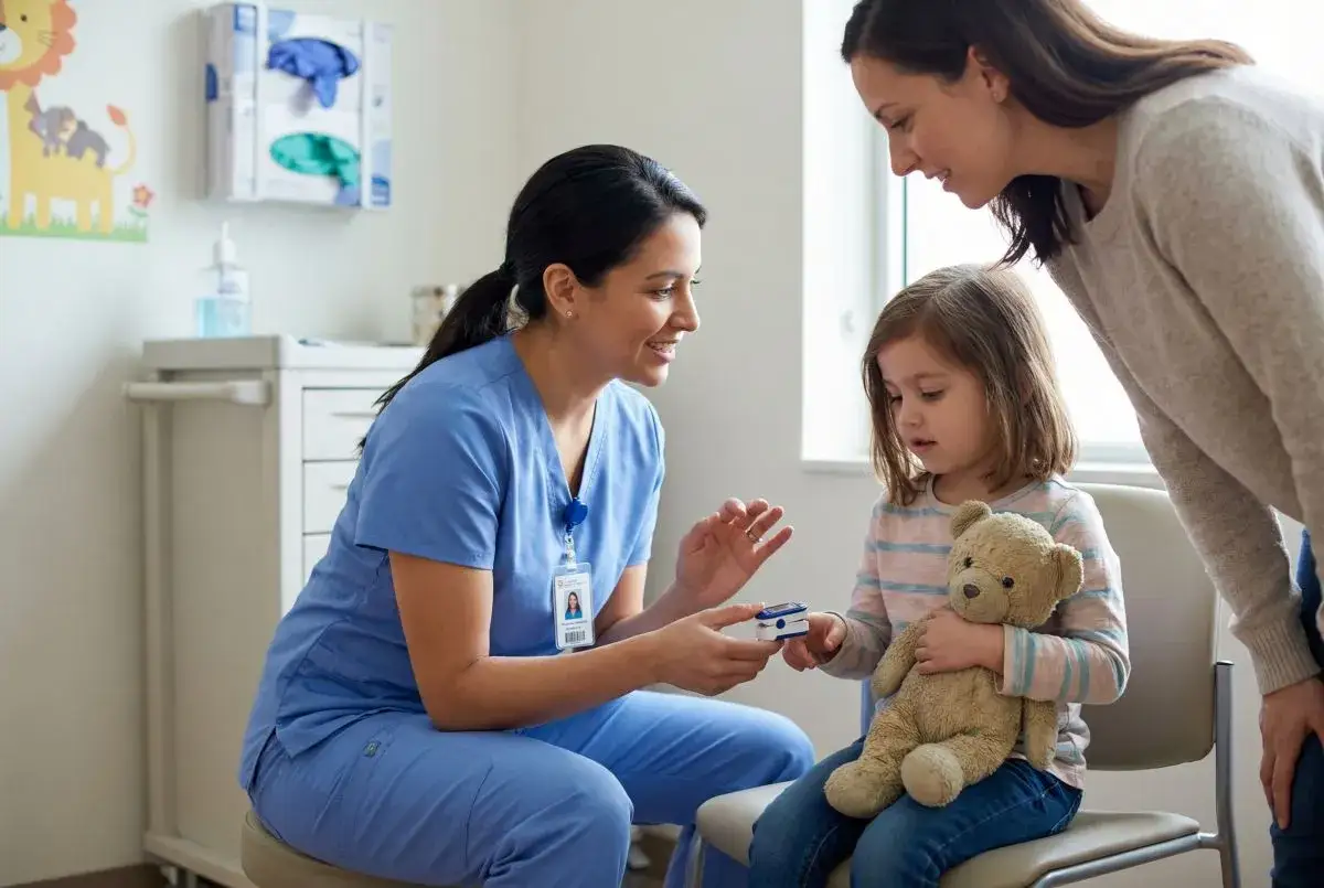 Uśmiechnięta pielęgniarka w niebieskim uniformie wyjaśnia mamie i dziecku, jak działa pulsoksymetr. To przykład troskliwej opieki w pielęgniarstwie pediatrycznym.