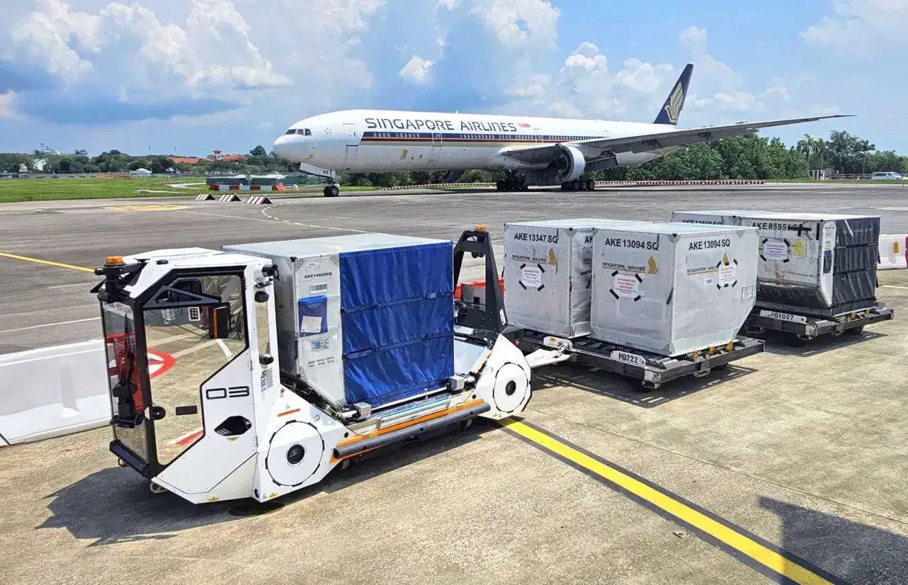 Ciężarówka lotniskowa transportuje kontenery cargo na pasie startowym portu lotniczego Singapur-Changi, z samolotem Singapore Airlines w tle.