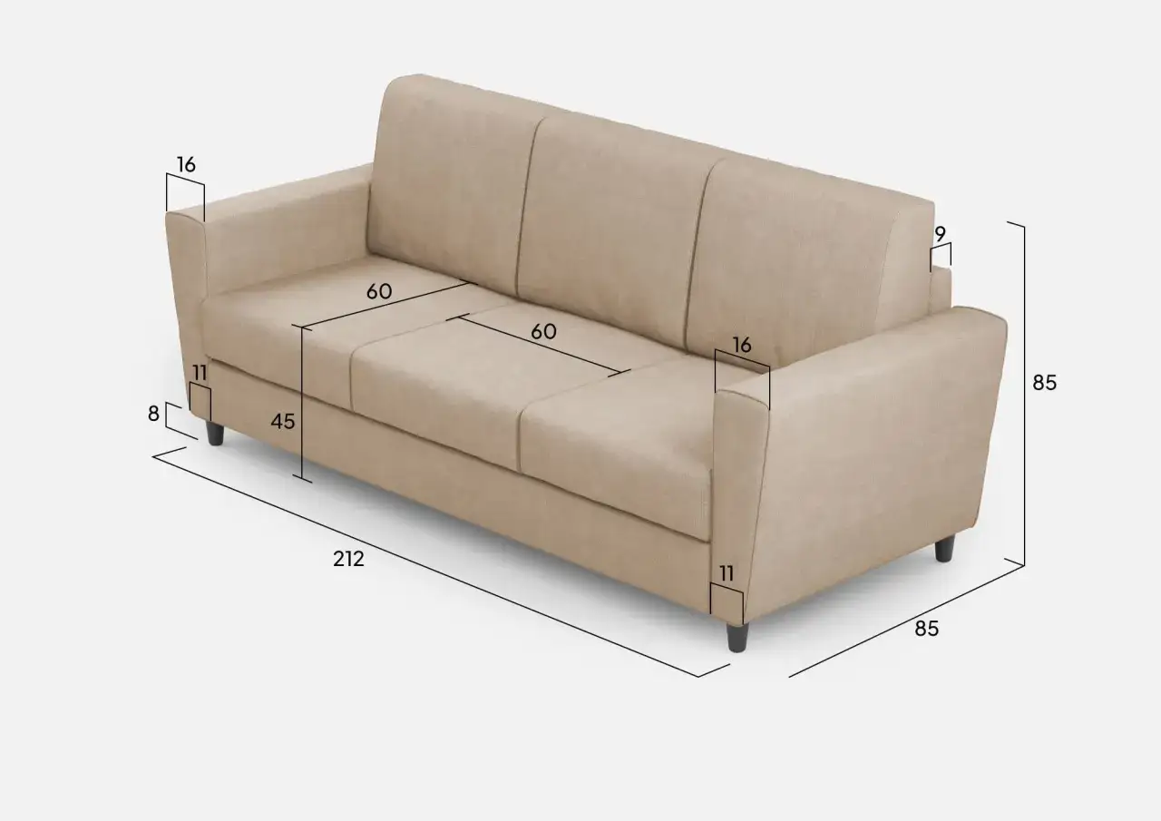 Divano letto 3 posti beige con misure indicate: 212 cm lunghezza, 85 cm altezza, 85 cm profondità.