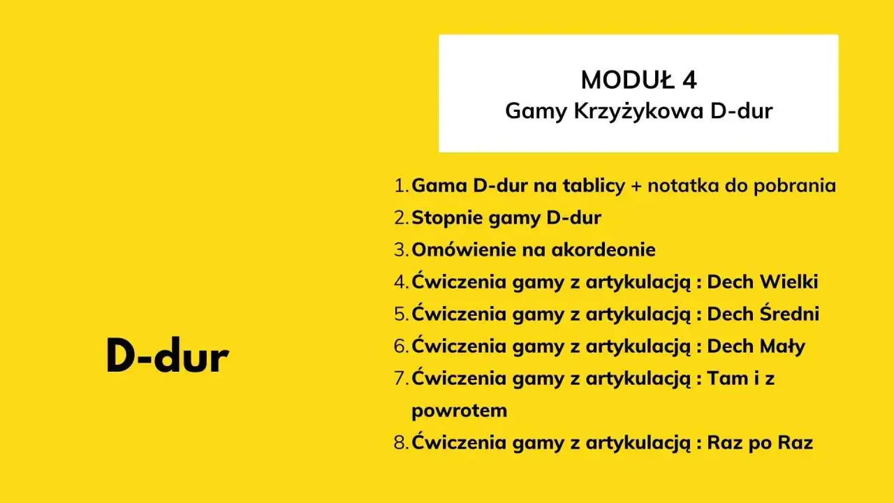 Moduł 4: Gamy Krzyżykowa D-dur. Lista zawiera ćwiczenia i omówienie gamy D-dur, w tym jej stopnie i artykulację.